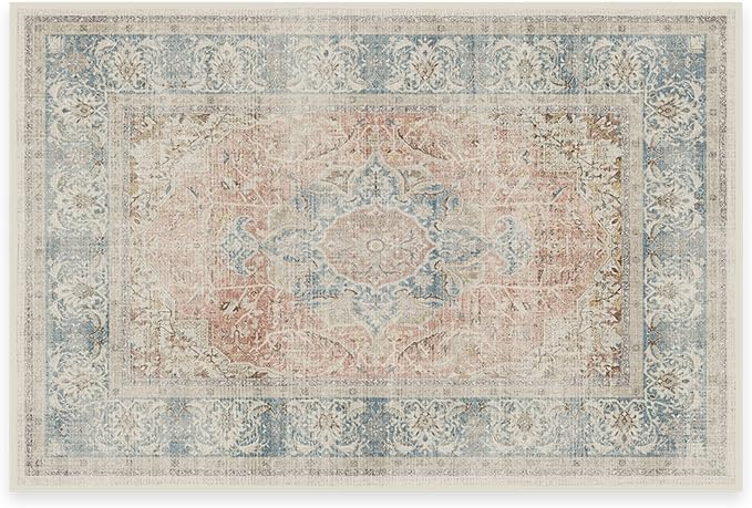RUGGABLE Washable Vintage Area Rug – Sarrah Coral 2x3, Stain-Resistant, Non-Slip – Small Machine Washable Rugs for Living Room, Bedroom, Hallway, Entryway & Bathroom–with Cushioned Pad