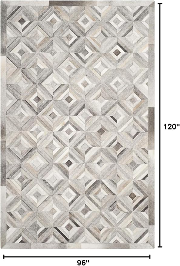 Premium Diamond Pattern Leather Area Rug, Geometric Cowhide Patchwork Carpet - 8X10 ft, Luxury Beige and Grey Non-Slip Floor Accent for Dining Room, Living Room, Hallway