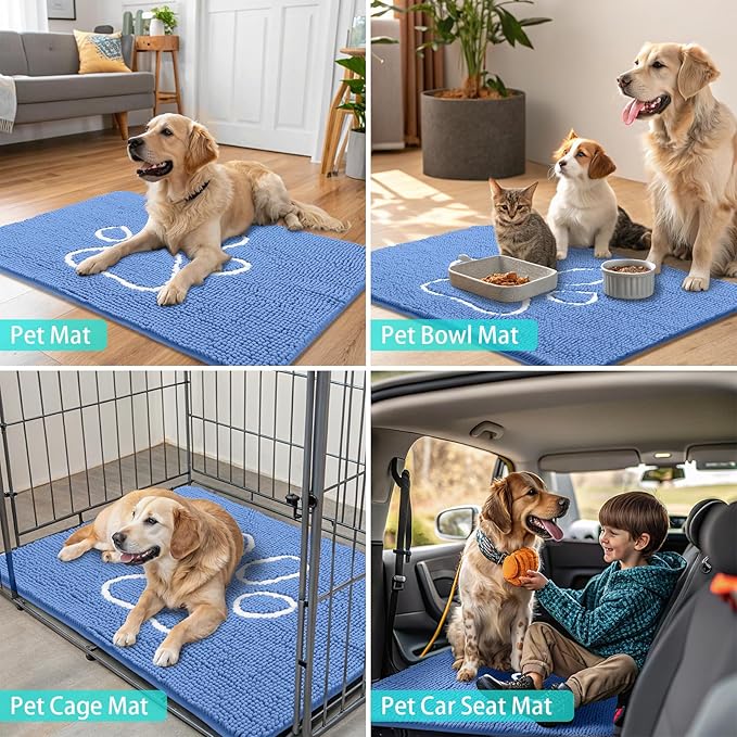 Smiry Dog Door Mat for Muddy Paws, Absorbent Dirt Trapper Non Slip Quick Dry Washable Chenille Mat for Mud Dogs, Entry Rug for Indoor and Outdoor (30x20 Inches, Cornflower Blue and White)