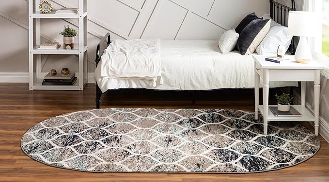 Rugs.com Lattice Frieze Collection Rug – 4' x 6' Oval Blue Multi Medium Rug Perfect for Living Rooms, Large Dining Rooms, Open Floorplans