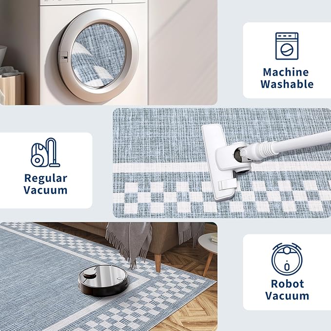 Small Area Rug 2x3 Modern Checkered Entry Rug Solid Color Scalloped Kitchen Rugs Washable Bedroom Doormat Non Slip Stain Resistant Bordered Throw Carpet for Living Room Nursery Laundry, Blue