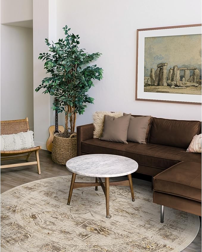 RUGGABLE Washable Vintage Area Rug – Sarrah Hazel 8 ft Round, Stain-Resistant, Non-Slip – Large Machine Washable Rugs for Living Room, Bedroom, Hallway, Entryway & Office–with Cushioned Pad