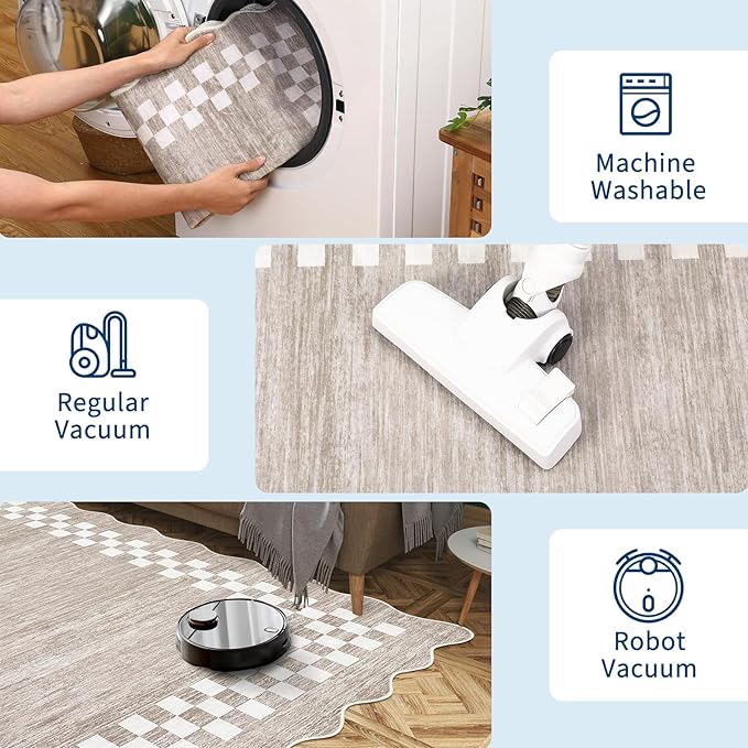 GarveeHome 10x13 Area Rug Large Living Room Scalloped Rug Non Slip Low Pile Bedroom Throw Carpet Soft Modern Bordered Dining Room Rug Stain Resistant Boho Carpet for Home Office, Fog