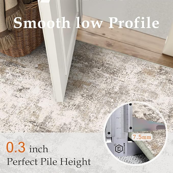 2x6 Washable Runner Rug Brown Grey Abstract Hallway Kitchen Throw Rug Neutral Modern Non Slip Soft Low Pile Carpet for Bathroom Laundry Bedroom Living Room