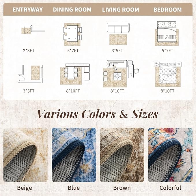 tchdio 3x5 Bedroom Area Rug, Non Slip Washable Entryway Rug Indoor, Soft Low Pile Vintage Door Mat, Stain Resistant Rug for Entrance, Bedside, Dining Room (Beige, 3'x5')