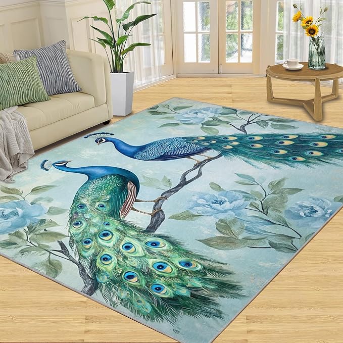Peacock Rugs for Living Room - 6x9 Rug, Classic Peacock Floral Area Rugs for Bedroom, Teal Turquoise Rug, Modern Style Washable Carpet, Aesthetics Carpet - Peafowl Home Decor & Gifts