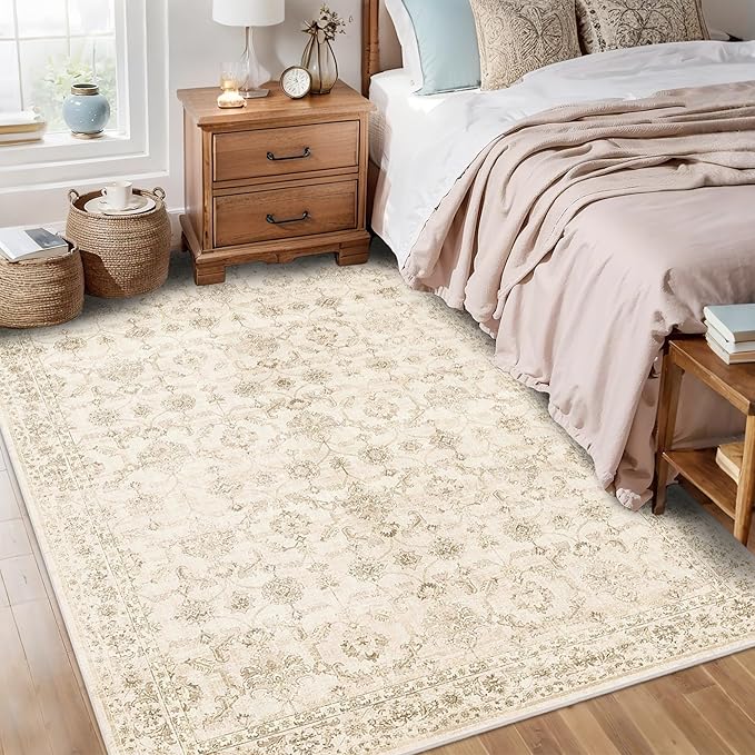 Washable Area Rug 5x7 Beige Rugs for Living Room, Vintage Boho Large Rug for Bedroom Dining Room Office, Distressed Floral Print Carpet for Under Table, Soft Non Slip Low Pile Throw Carpet Indoor Mat