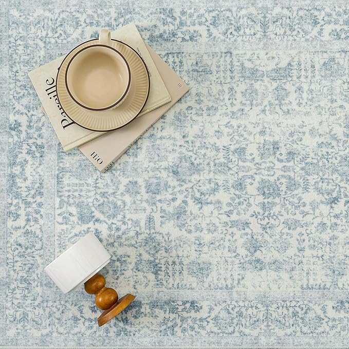 Blue Area Rug 5x7 Machine Washable Vintage Living Room Distressed Non Slip Carpet Traditional Indoor Bedroom Retro Floral Accent Throw Large Rug Office Kitchen Bathroom Dining Room