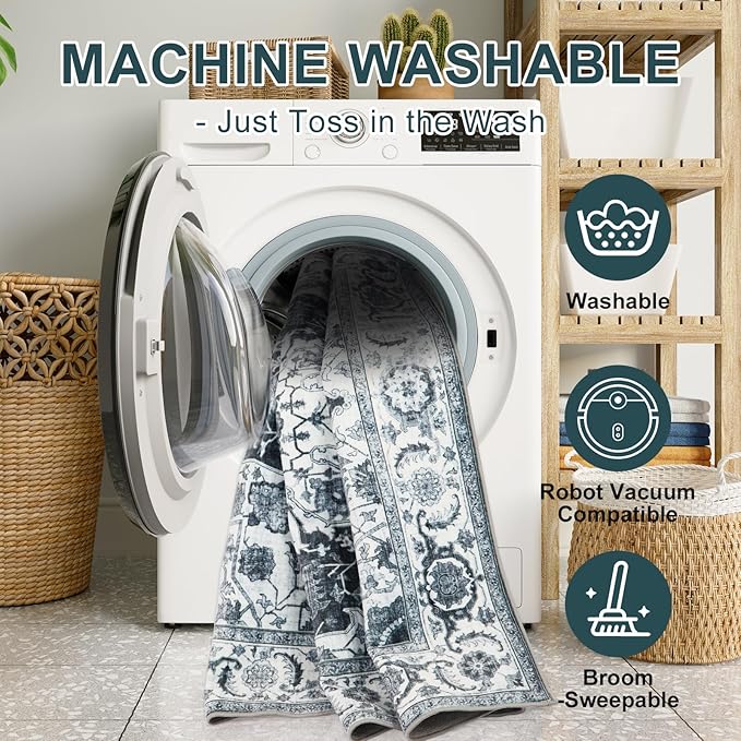 WILLSUN Washable Area Rugs, 9x12 Non-Slip Boho Large Area Rugs for Living Room, Bedroom, Machine Washable Vintage Rug, Indoor Floral Print Carpet for Home Decor, Kid & Pet Friendly Mat