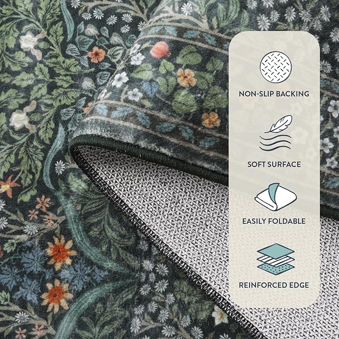 Lahome Floral Washable Rug, Soft 3x5 Rugs for Bedroom Entryway Dorm, Ultra-Thin Non Slip Boho Green Rug for Living Room Stain Resistan Throw Carpet for Nursery Entrance, Dark Green