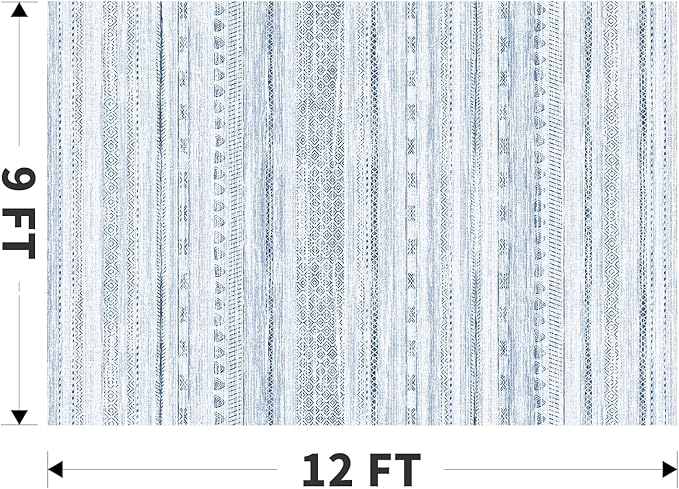 9x12 Area Rugs for Living Room Machine Washable Rug Distressed Indoor Carpet Neutral Moroccan Boho Rug Ultra Soft Area Rug for Bedroom Dining Room Playroom Office, Blue