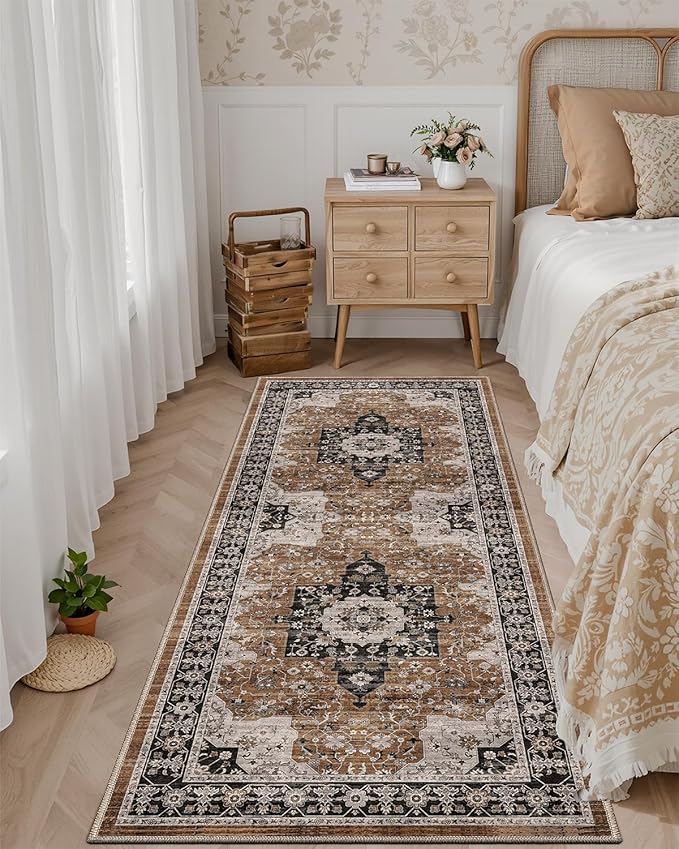 DEXI Hallway Runner Rug 3x10, Distressed Non Slip Runners Carpet, Boho Vintage Soft Thin Indoor Rug, Stain Resistant Washable Entry Mat for Entryway Kitchen Laundry Room Living Room, Brown