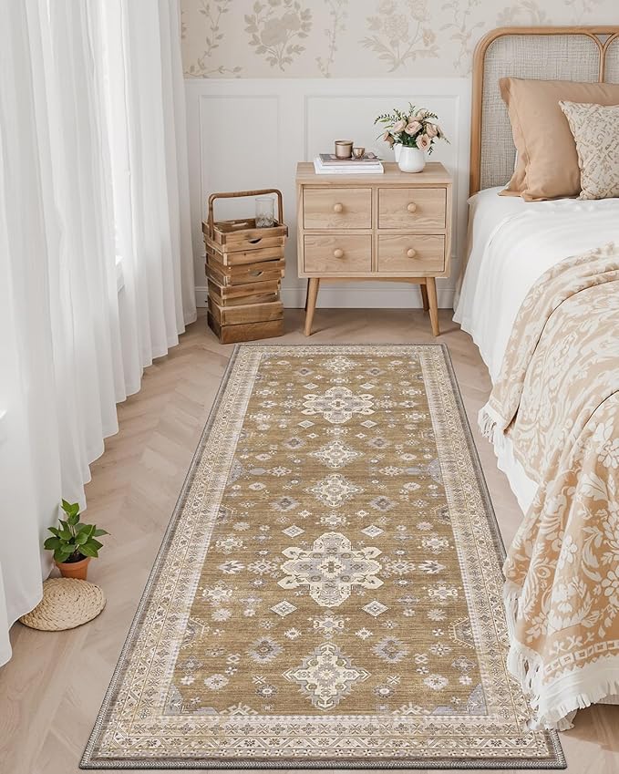 DEXI Hallway Runner Rug 3x8, Distressed Non Slip Runners Carpet, Boho Vintage Soft Thin Indoor Rug, Stain Resistant Washable Entry Mat for Entryway Kitchen Laundry Room Living Room, Light Brown