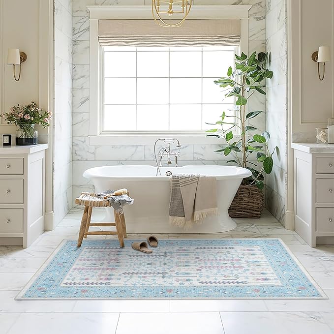 Fame Living Cream Blue Oushak Rug, Modern, Vintage, Turkish, Eclectic, Floral, Pastel, Washable, Large Area Rugs for Living Room, Dining, Bedroom, Girls, Boys, 7'5"x9'8"