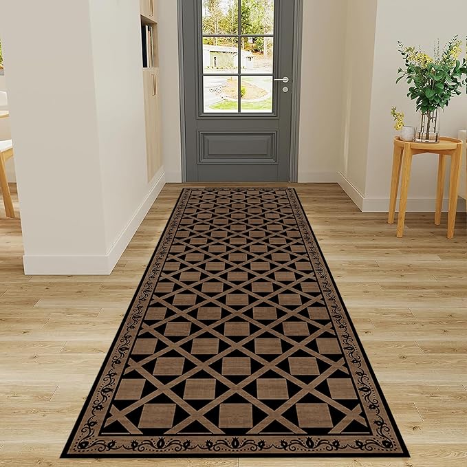 Minimalist Checkered Runner Rug, 2x7ft, Brown Checkerboard Floor Mat, Floral Print Hallway Kitchen Runners Rugs, Washable Breathable Reduce Noise Room Decor Carpet for Bedroom Foyer