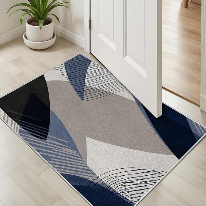 Abstract Art Line Living Room Area Rugs 4x5, Modern Boho Geometric Print Soft Rug, Minimalist Washable Non Slip Neutral Carpet for Bedroom, Dining Room Office Playroom, Navy Blue Gray