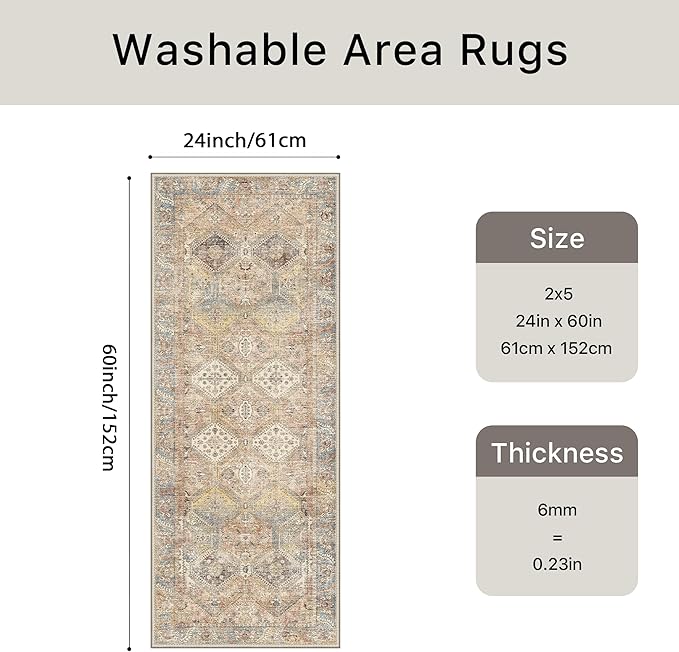 Bavni 2x5 Runner Rug Non Slip, Machine Washable Rug Runners for Hallways, Vintage Distressed Print Kitchen Runner, Low Pile Lightweight Carpet Runner for Entryway Laundry Bedroom Bathroom Wood Brown