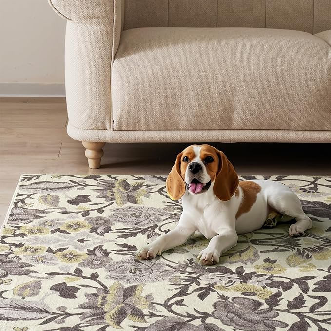 EVERGRACE Area Rugs for Living Room 5x7, Boho Floral Faux Wool Indoor Outdoor Rugs, Washable Rugs for Bedroom Dining Room Entryway Kitchen, Low Pile Floor Mat Carpet for Home Decor, Gray