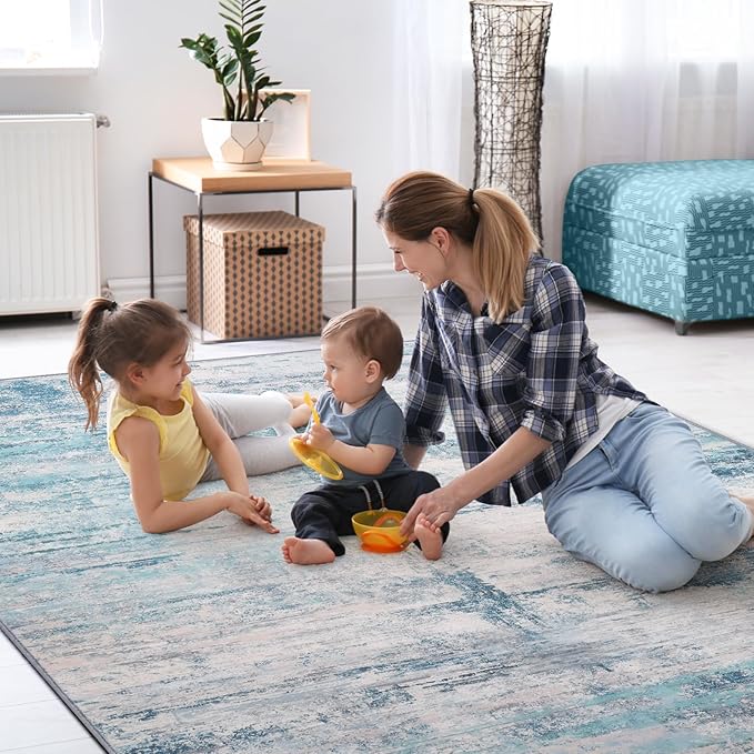Abstract 8x10 Area Rug Washable Soft Large Non-Slip Carpet for Living Room Dining Room Home Office Bedroom - Abstract Teal/Grey