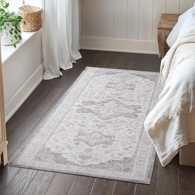 Marsail Area Rug 3x5, Soft & Slip-Resistant Large Area Rug with Reinforced Bound Edges, Vintage Short-Pile Washable Rug with Floral Pattern for Living Room, Dinning Room and Bedroom, Brown