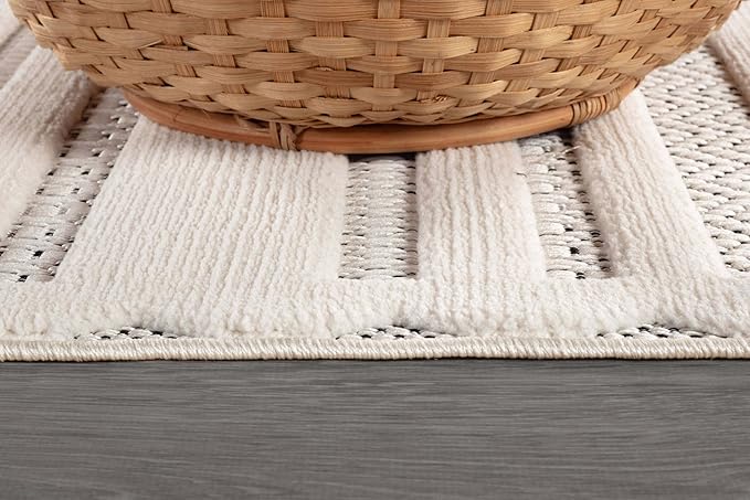 CAMILSON Modern Rug 5x7 Luxury Striped Line Micro Loop Area Rugs Soft High-Low Pile Stain Resistant Easy to Clean Non-Shedding Durable Living Room Bedroom Indoor Carpet (White)