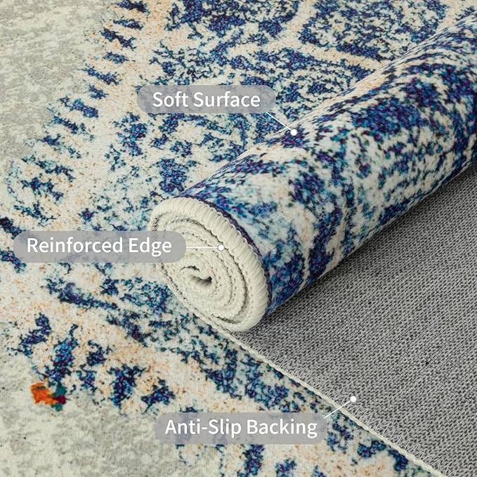 Easy-Going Round Rug 5ft Area Rug Washable Boho Circle Rugs for Living Room Non-Slip Bedroom Rug Low Pile Lightweight Medallion Distressed Throw Rug for Dining Room Kitchen Office, Vintage Blue Cream