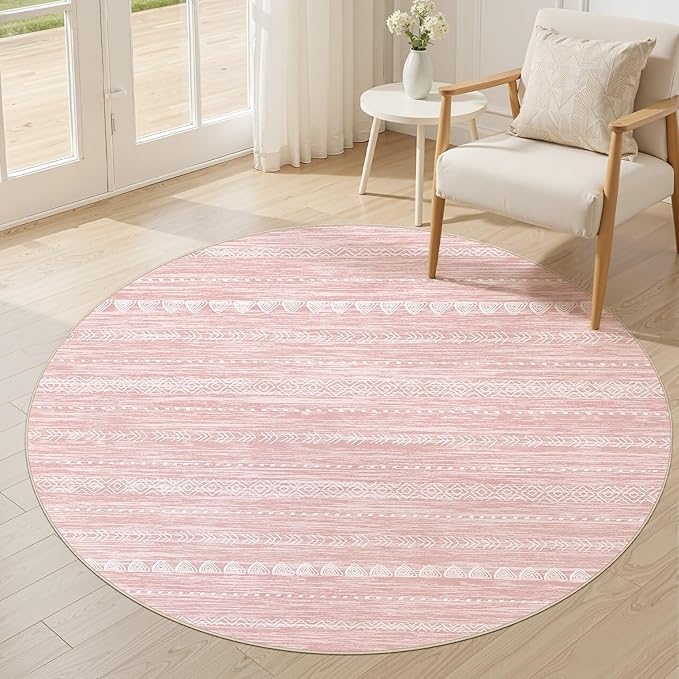 Nakagishi Round Rug Kitchen Washable Rugs: 6x6 Non-Slip Boho Soft Modern Stain Resistant Indoor Floor Neutral Farmhouse Throw Carpet for Hallway Bathroom Laundry Room Entryway Bedroom- Pink