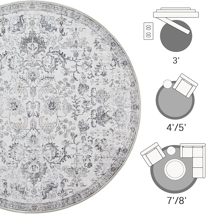 jinchan Kalen Round Rug 4ft Area Rug Washable Vintage Indoor Retro Entryway Floor Cover Distressed Gray Floral 4' Round Circle Boho Non Slip Thin Carpet for Bedroom Living Room Dining Room Grey