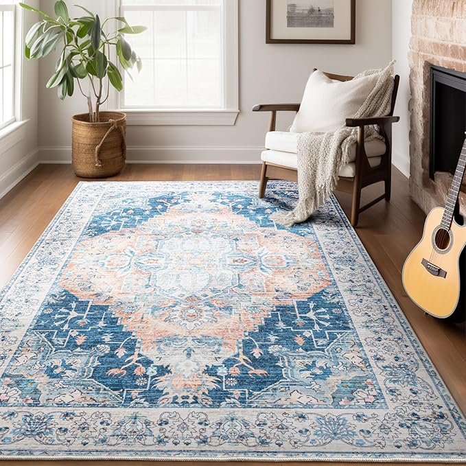4x6 Washable Rug – Boho Non-Slip Indoor Area Rug for Living Room, Bedroom, Dining Room, Entryway –Navy and Orange Classic Medallion