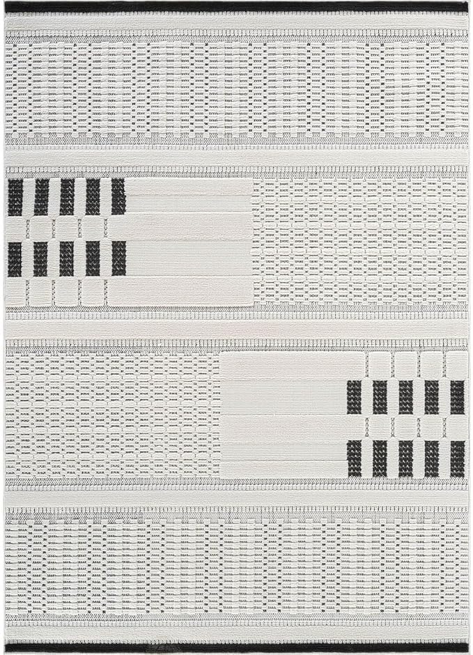 CAMILSON Modern Rug 9x12 Luxury Geometric Pattern Large Micro Loop Area Rugs Soft High-Low Pile Stain Resistant Easy to Clean Non-Shedding Durable Living Room Bedroom Indoor Carpet (White/Black)