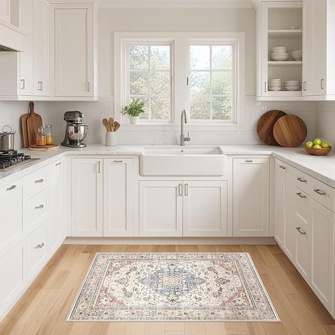 2x3 Rug Small Area Rugs: Washable Boho Neutral Vintage Soft Indoor Floor Oriental Carpet Farmhouse Distressed Low Pile Non Slip Throw Carpet for Kitchen Entryway Bedroom Nursery Entry- Beige Blue
