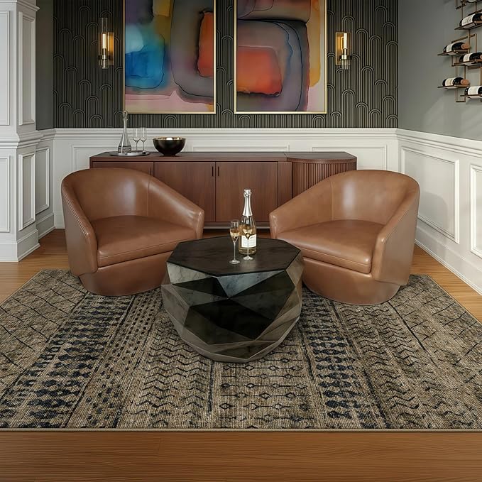5x7 Machine Washable Area Rug for Living Room, Brown Black Vintage Moroccan Rug Large Non-Slip Low Pile Soft Faux Wool Carpet, Kids and Pets Friendly for Bedroom Dining Room Farmhouse Home Decor Rug