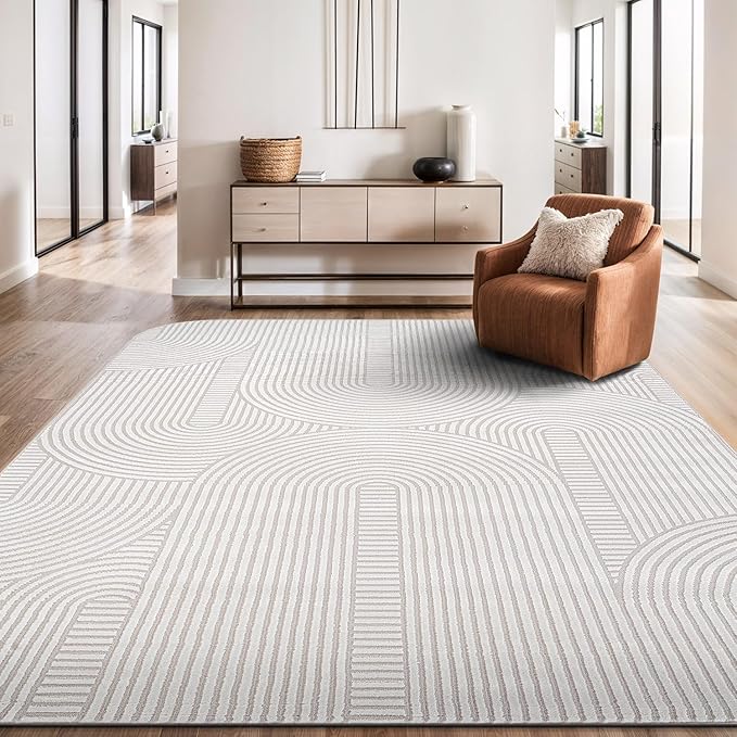 Beverly Rug Modern Geometric Area Rug 8x10 Low-High Pile Durable Soft Abstract Semi-Circles Indoor Rugs for Living Dining Room Office Stain Resistant Non Shedding Indoor Carpet Beige White 8 x 10