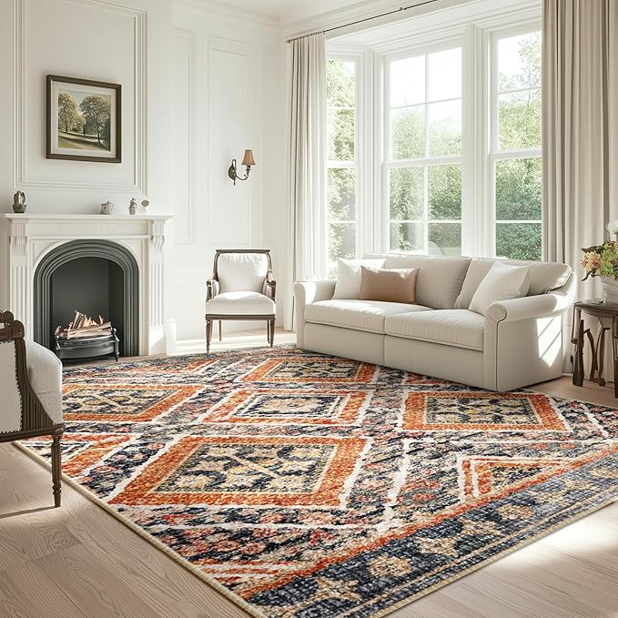 Area Rug 4x6 Rug Machine Washable Non-Slip Low Pile Print Pattern Western Rug for Living Room Bedroom Entryway Tribal Series -Orange/Brown