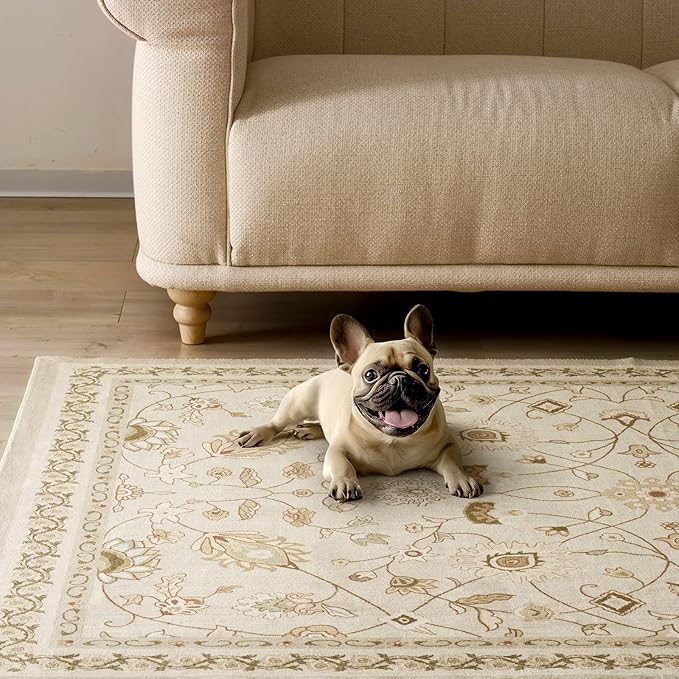 EVERGRACE Hallyway Area Runner Rugs 2x10, Boho Floral Faux Wool Indoor Outdoor Rugs, Washable Rugs for Bedroom Dining Room Living Room Kitchen, Low Pile Floor Mat Carpet for Home Decor, Natural Beige