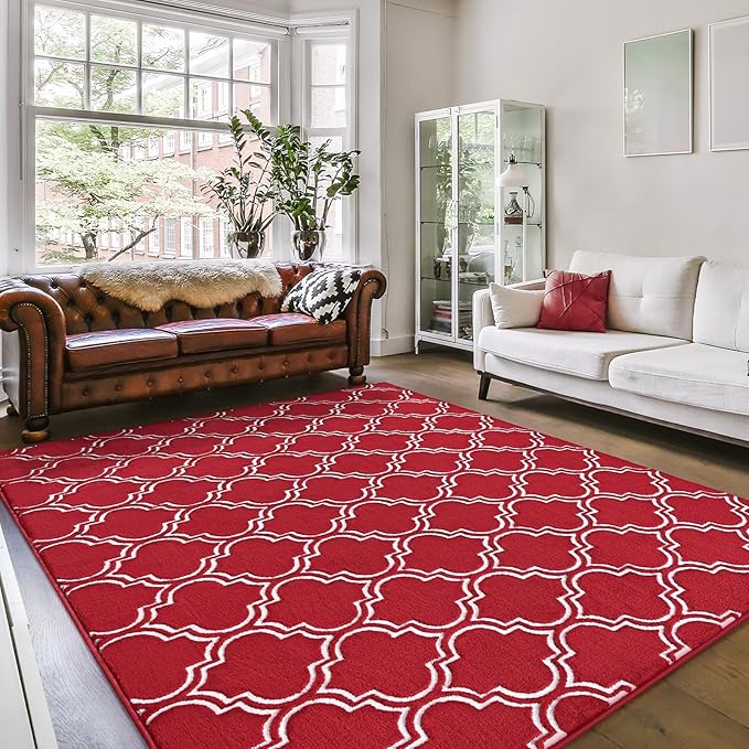 Amearea Fluffy Indoor Area Rug, Soft Trellis Moroccan Rugs for Bedroom, Shag Modern Area Rug for Living Room Kids Room Nursery, Easy Clean, Home Decor Low Pile Carpet, Wine Red 7x10 Feet