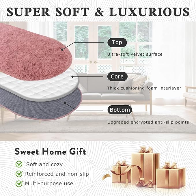 Soft Fluffy Rugs for Bedroom, Blush Pink Fuzzy Shaggy Oval Bedside Area Rug Set of 2, Non-Slip Cozy Plush Shag Carpet for Kids Room Nursery Dorm Living Room, 2.6 x 5.3 Feet