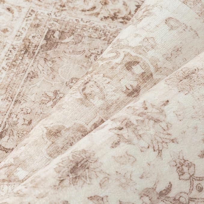 9x12 Beige Washable Vintage Area Rug for Living Room Bedroom Soft Tranditional Non Slip Large Throw Rug Lightweight Floral Low Pile Distressed Carpet Office Playroom Home Decor