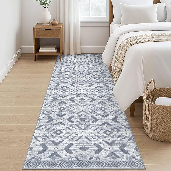 KILOCOCO Hallway Runner Rug 3'x8' Washable Printed Moroccan Runner Rugs Non Slip Entryway Rugs Soft Indoor Long Floor Rug for Bedroom Kitchen Living Room Geometric Boho Carpet Runners, Grey White