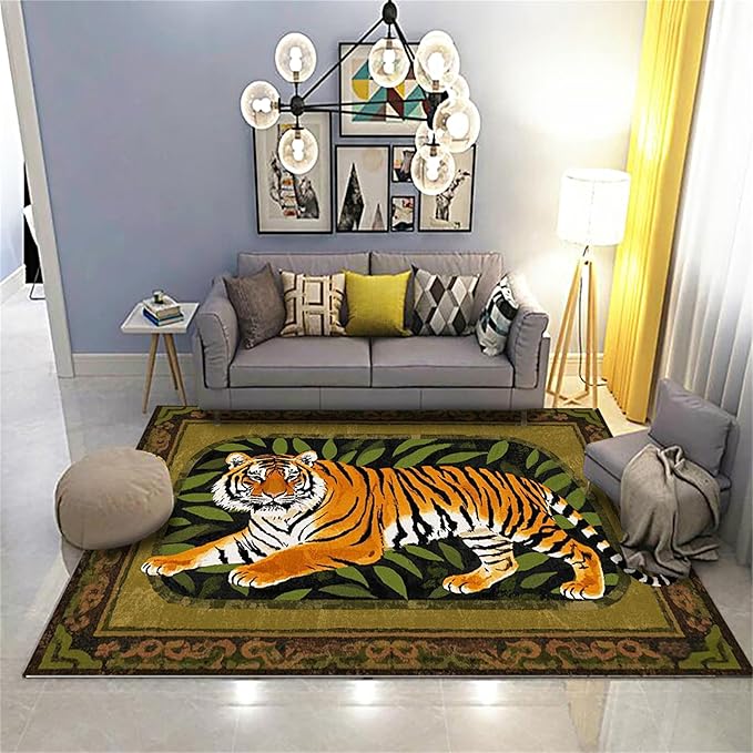 Tiger Area Rug,6x8ft, Tiger Print Rug,Tiger Themed Stylish Rug, Bohemian Vintage Tiger Print Rug, Non-Slip Washable Rug for Living Room Bedroom Dining Room Kids Room Decoration