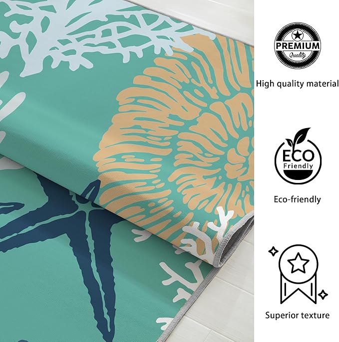 Tritard Coastal Area Rug 3x5 - Small Machine Washable Foldable Throw Rugs Non-Slip Beach Ocean Entryway Indoor Entrance Carpet for Kitchen Bathroom Laundry Bedroom Living Room, Teal and Turquoise