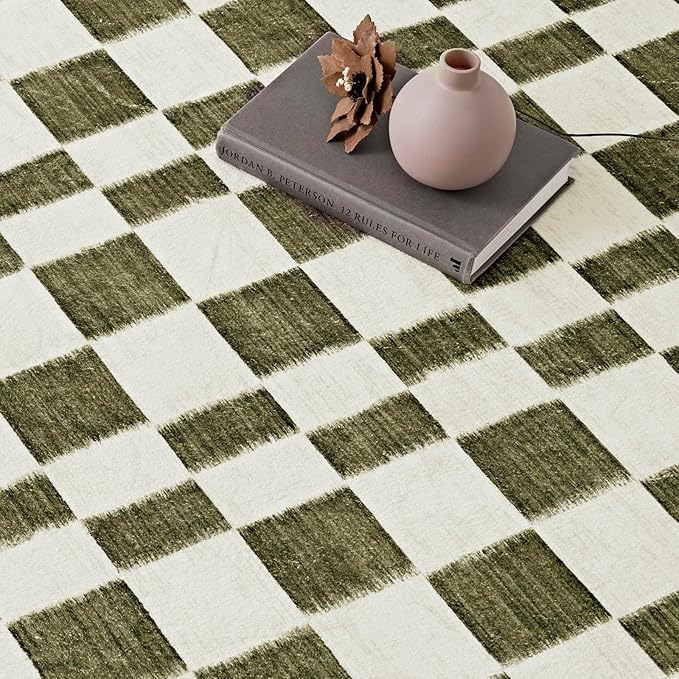 EVERGRACE Checkered Plaid Area Rug 2x6, Soft Christmas Faux Wool Rugs Washable Anti Slip Rugs Long Runner Carpet for Entryway Bedroom Living Room Hallway Kitchen and Laundry, Olive Green