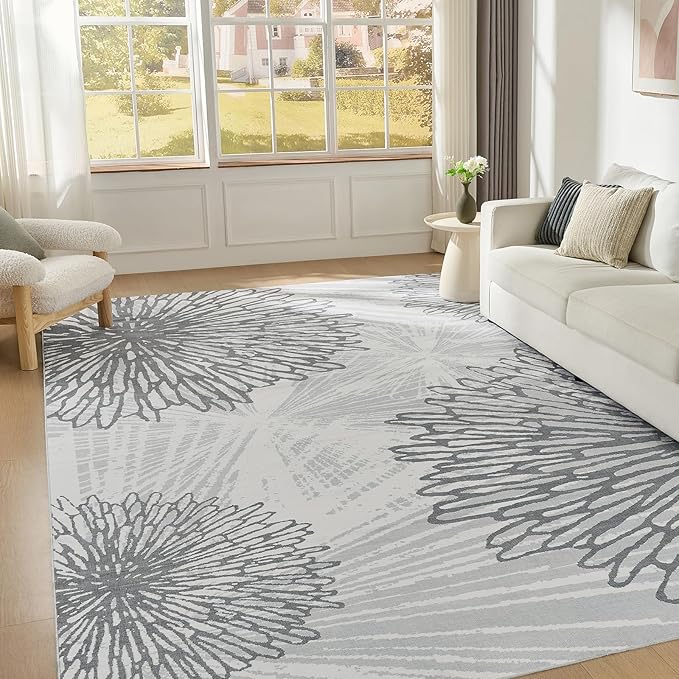 WITSHOCK 12x14 Washable Rug for Living Room,Modern Floral Distress Print Pattern Area Rugs,Stain Resistant with Non Slip Backing Carpet for Dining Room,Bedroom & Home Decor,Grey White