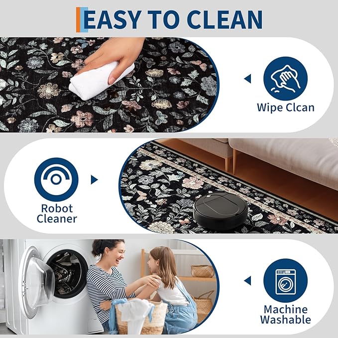 GarveeHome Washable Area Rug 9 x 12 for Living Room, Non-Slip Soft Vintage Rug, Low Pile Farmhouse Floral Carpet, Non-Shedding Indoor Foldable Printed Rugs for Bedroom, Black