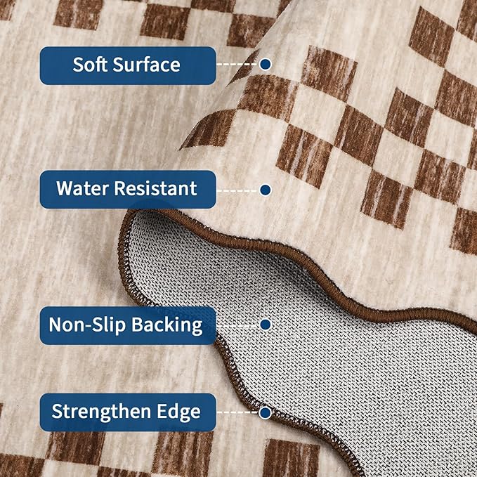 GarveeHome 4x6 Area Rug Small Washable Living Room Rug Scalloped Rug with Rubber Backing Stain Resistant Low Pile Dining Room Throw Carpet Modern Bordered Mat for Bedroom Kitchen, Beige