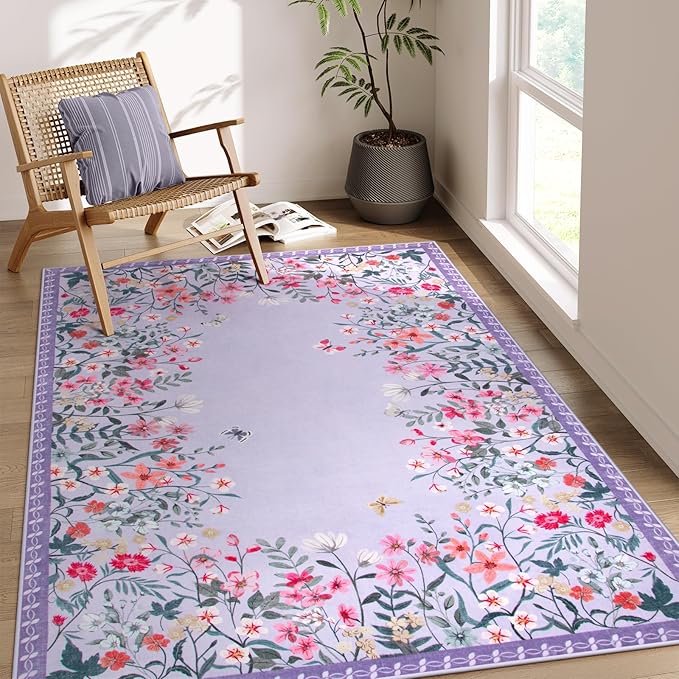 Wonnitar Washable 4x6 Rug, Purple Rugs for Girls Bedroom, Soft Non-Slip Nursery Area Rug, Floral Rug Kids Room Low Pile Throw Carpet for Dorm Decor (Purple,4'x6')