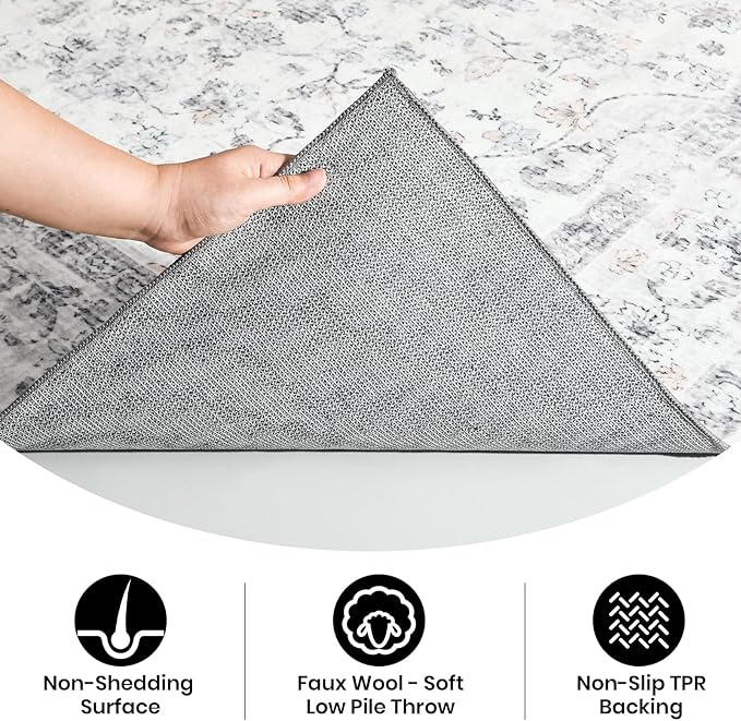 Area Rug - 9x12 Large Dining Room Rug Soft Living Room Mat, Vintage Washable Indoor Floor Throw Carpet for Bedroom, Playroom, Home Office (Grey)