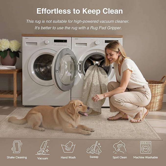 HUGEAR 5x7 Machine Washable Area Rugs Vintage Beige - Neutral Living Room Bedroom Rug Non Slip Stain Resistant Low Pile Aesthetic Throw Carpet Kids & Pet Friendly