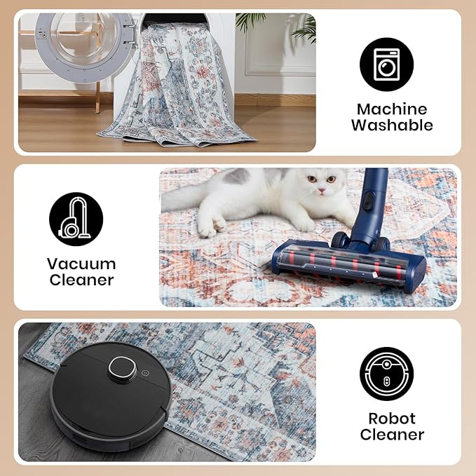 4x6 Washable Rug – Boho Non-Slip Indoor Area Rug for Living Room, Bedroom, Dining Room, Entryway –Muted Blue and Rust Distressed Pattern