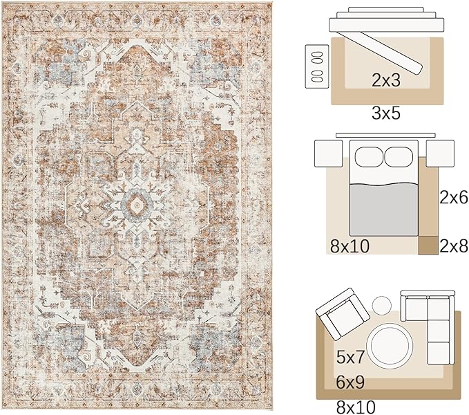 jinchan Kelda Area Rug 4x6 Washable Bedroom Rug Vintage Indoor Floor Cover Distressed Lightweight Non-Slip Low Pile Thin Mat Stain Resistant Carpet for Living Room Dining Room Kitchen Office Brick Red